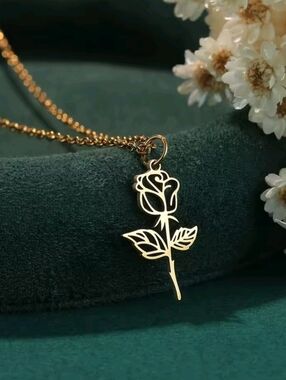 Vintage Style Rose Pendant Necklace Antique Dark Gold Finish Minimalist Floral
